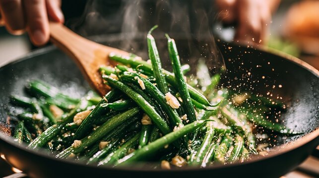 Chef Saut&atilde;&copy;ing Green Beans Garlic in a Pan Scene 2