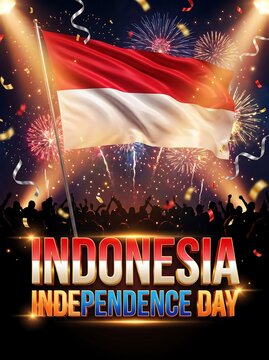 Indonesia independence day night celebration with fireworks and crowd under waving national flag