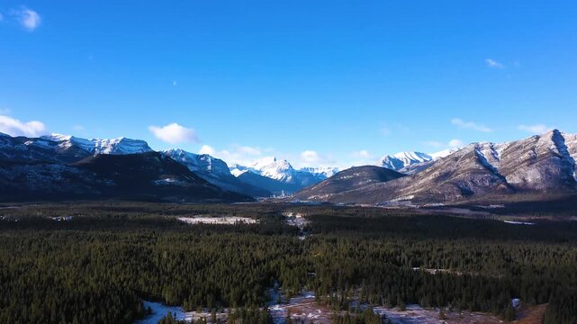 Canmore and the Canadian Rocky Mountains in Winter, Alberta, Canada Panoramic Aerial View