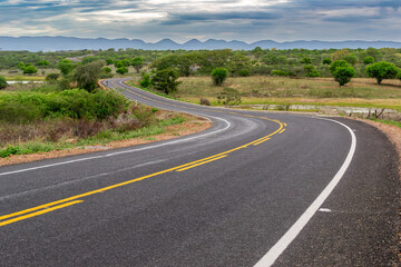 Fototapeta premium Scenic Paved Road Crossing the Semiarid Caatinga Landscape in the Sertao of Paraiba, Northeast Brazil