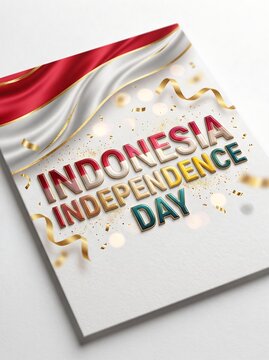 Modern Indonesia Independence Day graphic design with 3d flag textured text and gold ribbons