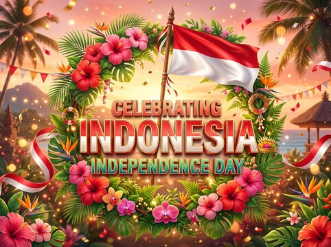 Beautiful tropical floral wreath with Indonesian flag for 17 August Independence Day celebration.