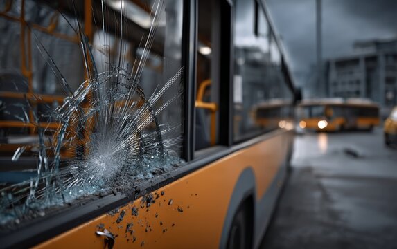 Urban Public Transport Accident Scene with Broken Window Detail