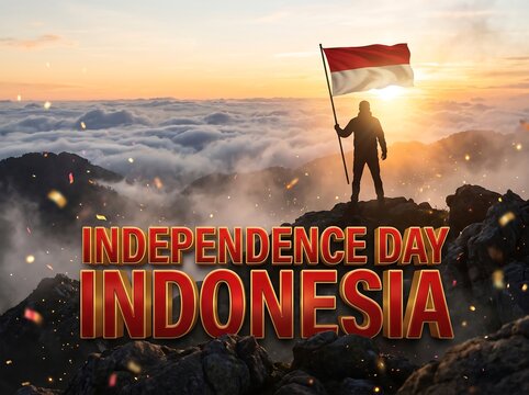 Patriotic silhouette of a person holding the Indonesian flag on a mountain peak at sunrise.