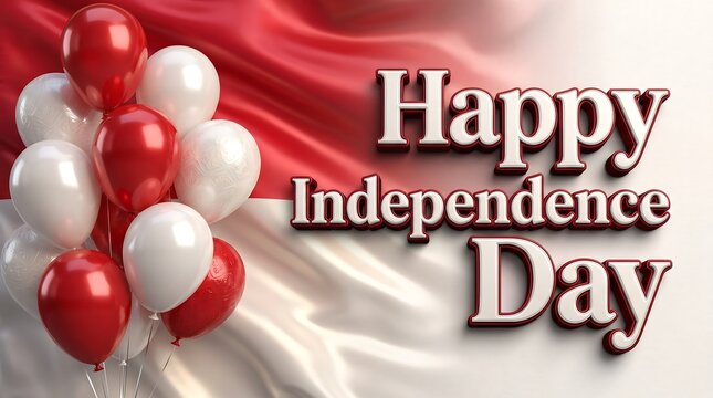 Happy Independence Day Indonesia greeting card with red and white balloons on silky background.