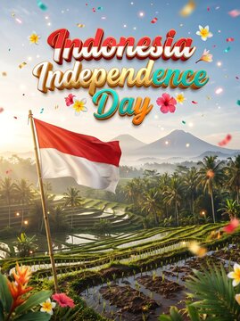 Stunning Indonesian Independence Day poster with rice terraces and national flag in the morning.