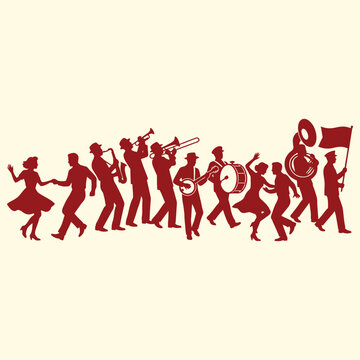 Red silhouette vector of a vintage jazz marching band and swing dancers. Flat vector illustration EPS 10.