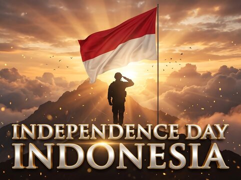 Soldier saluting with the Indonesian flag on a mountain peak for Independence Day celebration