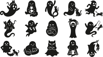 Fototapeta premium Halloween ghost and cat silhouettes for spooky decorations and designs