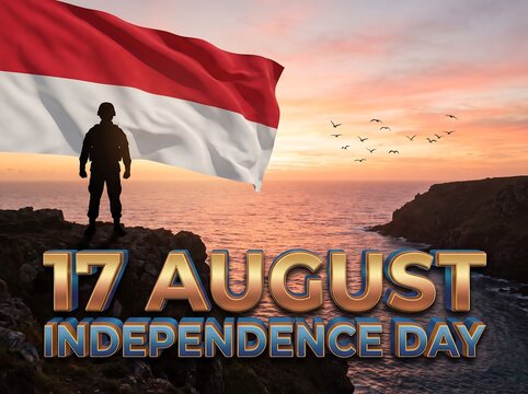 Soldier standing on a cliff edge saluting the Indonesian flag for 17 August Independence Day