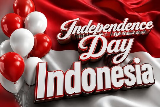 Indonesian Independence Day celebration with red and white balloons and national flag background