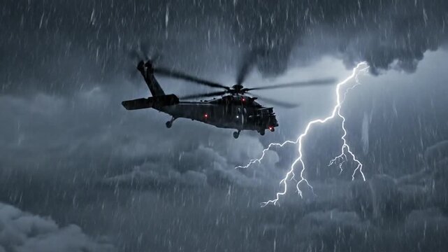 A dark military helicopter flies through a heavy rain storm