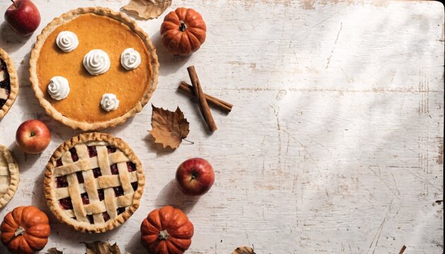 Freshly baked pumpkin and berry pies arranged on a rustic white wooden background with fall pumpkins and apples evoking cozy autumn harvest