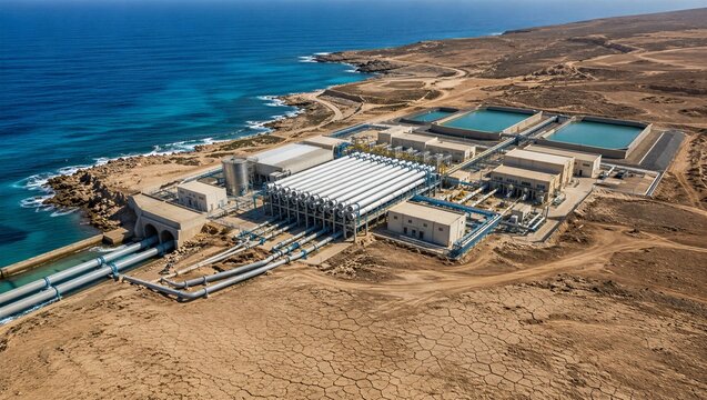 Aerial view of seawater desalination plant located on arid coast. Industrial infrastructure for water purification and supply. Sustainable solution to drought and water scarcity.