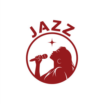 Minimalist Red Jazz Singer Silhouette Logo Design with Female Vocalist and Microphone. Flat vector illustration EPS 10.