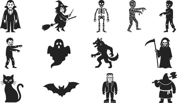 Halloween characters and symbols black silhouettes
