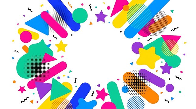 Vibrant memphis style shapes and stars on white background
