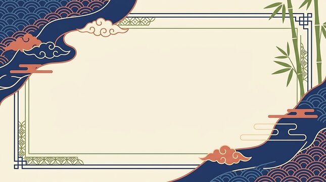 Asian style frame with wave and bamboo design