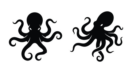 Two Black Octopus Silhouettes Against A White Background Silhouette © MdRakib