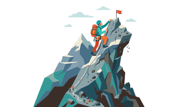 Illustration of climber reaching mountain peak with red flag