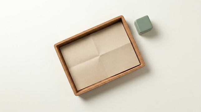 Wooden tray with a folded beige paper sheet and a small sage green cube on a light background