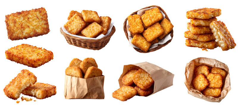 Set of Hash hashed browns hashbrowns, fried baked julienned potatoes, staple breakfast, rattan basket with napkin, takeout paper bag, stack pile broken, transparent cutout PNG mockup