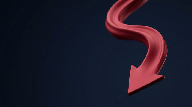 Red arrow pointing downward on dark background. Financial crisis concept with dropping trend line. Business recession and market analysis for economic decline and e-commerce loss.