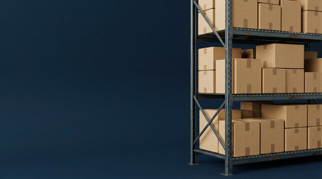 Cardboard parcel boxes stacked on industrial warehouse metal shelving unit. Online shopping delivery and logistics storage concept. E-commerce distribution center with copy space.