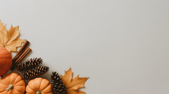 Orange pumpkins with dried maple leaves and cinnamon sticks arranged on a clean white background for seasonal autumn holiday themes
