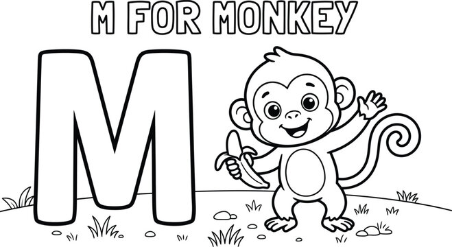 Alphabet, monkey illustration, letter M, educational cartoon, black and white