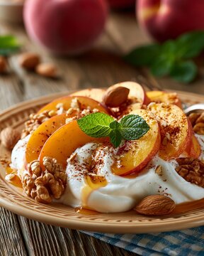 Fresh Peaches Sliced with Yogurt Nuts on Ceramic Plate