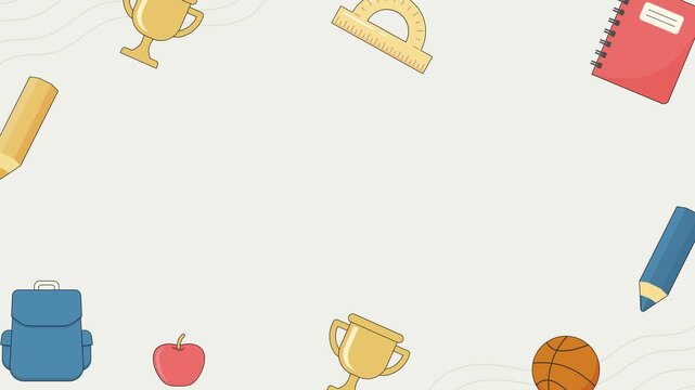 Seamless looping background animation of moving back to school elements like pencils, trophy, books, bag, and ruler with center text copy space on beige solid color