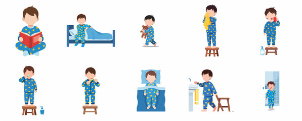 Fototapeta premium Little Boy Character Set Performing Daily Bedtime and Morning Hygiene Routine in Starry Pajamas