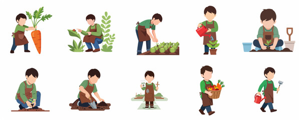 Fototapeta premium Set of illustrations of a little boy gardening and planting vegetables in the backyard, including watering, harvesting carrots, and digging soil in flat vector style