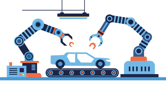 Robotic arms working on a car chassis assembly line conveyor belt inside a modern smart industrial automated factory.