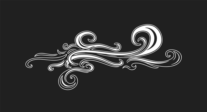 Elegant white wind swirls or wave decorative patterns hand drawn in chalk style on a dark textured background representing motion.