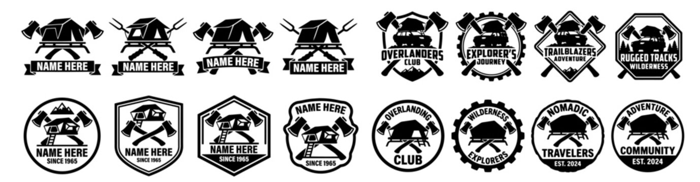 Custom Overlanding Logo Vector Set 17 - Crossed Axes Campaign Badge Pack - Offroad SUV Text Banner Template