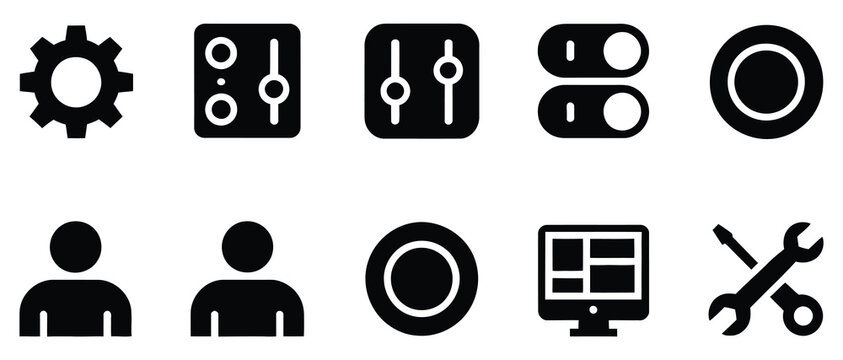 Settings and user icon set showing solid black user profile, settings gear, account management, configuration, and interface symbols for digital applications, vector, designs
