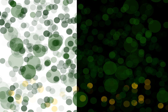 Glowing round particle pattern illustration with green and gold bokeh elements.