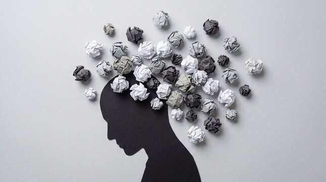Silhouette of troubled person head. Concept image of anxiety and negative emotion. Waste paper and head silhouette.