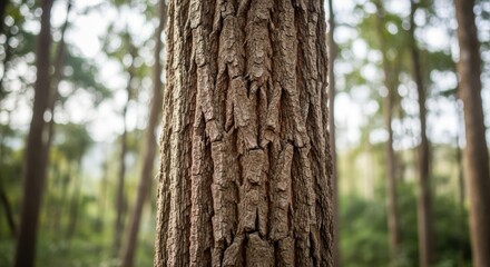 Fototapeta premium Close-up of a tree trunk with textured bark in a forest, featuring shallow depth of field and a natural woodland background in soft daylight