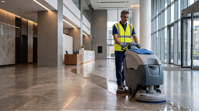 Professional facility maintenance worker operating industrial floor scrubber in modern corporate lobby