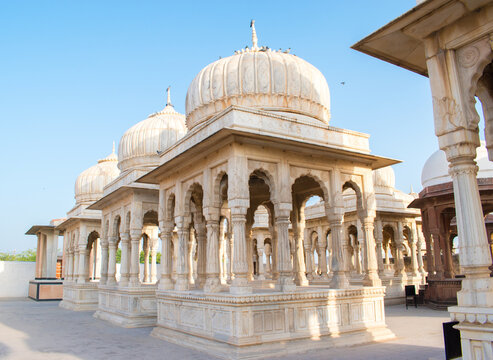 White marble chhatri at Devi Kund Sagar, the historic royal cenotaph complex in Bikaner, Rajasthan, India. 