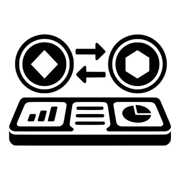 Crypto Exchange with Two Coins Swap Arrows and Trading Dashboard Charts, Black Vector Cryptocurrency Symbol for Trading Platform