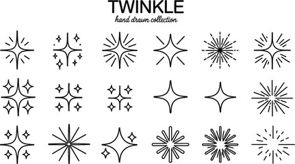 Hand drawn twinkle star sparkle icon collection with minimalist magic glowing burst shapes and line art flash symbols © mdtanjimul