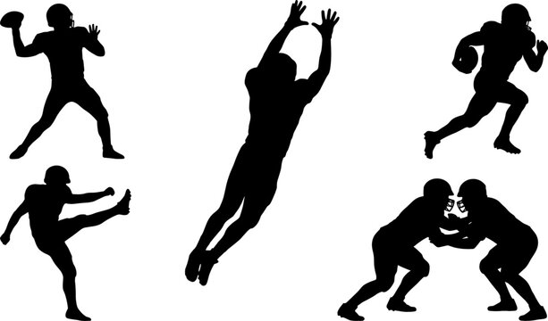 American Football Player Silhouette Action Pose Set Featuring Quarterback Passing Running Back Kicker Catching and Linemen Tackling for Sport Graphics