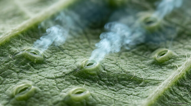 Microscopic illustration of plant stomata releasing water vapor during transpiration and gas exchange