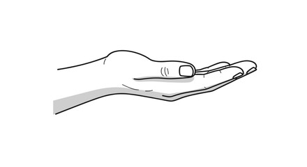 Minimalist human hand palm facing up in a relaxed and welcoming gesture, simple black and white line art vector illustration.