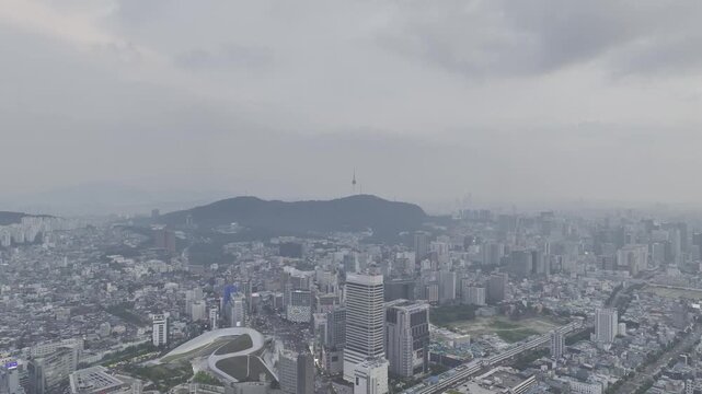 Aerial Drone View of Jongno Cityscape near Dongmyo Station and DDP Dongdaemun Design Plaza in Seoul, South Korea