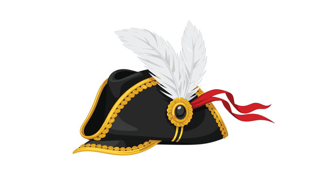 Historical pirate captain bicorn hat decorated with golden trim and elegant white ostrich feathers, cartoon illustration.